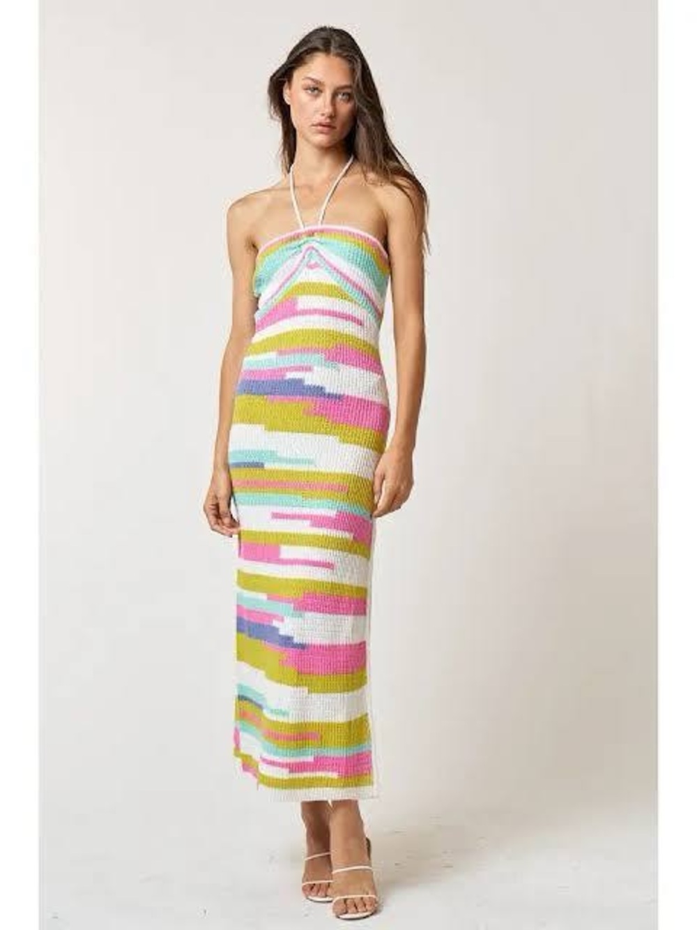 Lalavon Free Spirited Striped Fringe Sweater Knit Maxi Dress Size Small